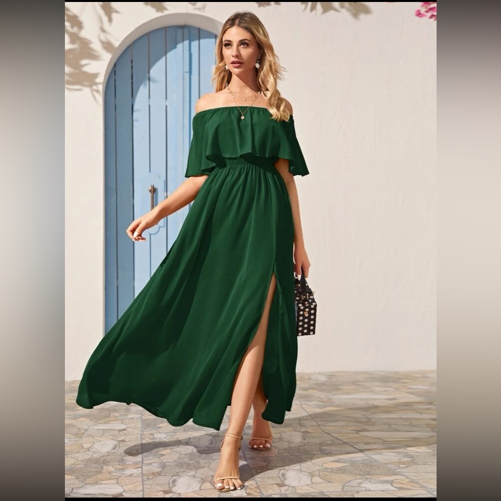 Dark Green Solid Split Thigh Foldover Bardot Dress